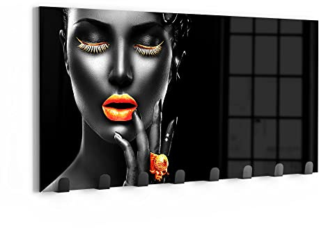 DEQORI Wandgarderobe Glas & Metall | Motiv Frau mit Gold Make-Up | 60x30 cm | Design Haken-Leiste modern | Garderoben-Paneel für Flur, Wohnzimmer & Schlafzimmer | magnetisch & beschreibbar