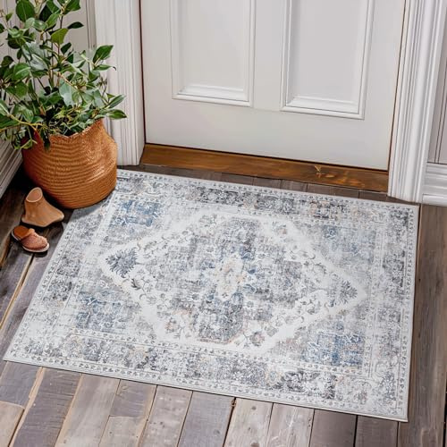 TOPICK Tapis Entree Interieur 60x90cm Tapis Oriental avec Motif Floral Petit Tapis Exterieur Lavable en Machine Tapis Vintage Bleu Gris Descente de Lit Chambre Adulte Antidérapant