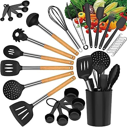 LVEON Küchenutensilien-Set, 33 Silikon-Kochutensilien, 446 fachig, Spatel, Löffel, BPA-freier Holzgriff, Silikon-Küchengeschirr-Set, Antihaft-Küchengeschirr