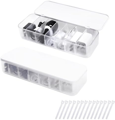 FRETONBA Cable Storage Box, 2 Pcs Cable Tidy Management Box with 7 Compartments and 14 Cable Ties Reusable, Cord Organiser Box for Office, Home Charger Storage, White