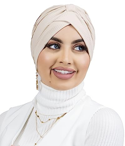 Lamis Hijab - Premium jersey ribbad turban för muslimska kvinnor beslöjade TU-6, ljusbeige, 70