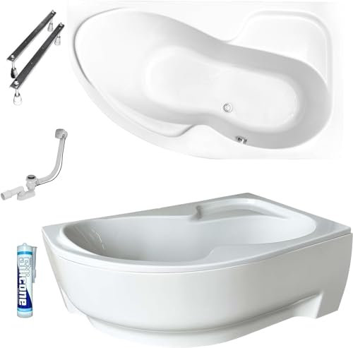 ECOLAM Baignoire de coin asymétrique Wela 170 x 100 cm droite + tablier en acrylique blanc | pieds siphon silicone set complet