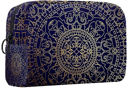 Kleine Schminktasche für Damen,Schminktasche, Reisekosmetiktasche,ethnisches goldenes Blumenmandala Drucken