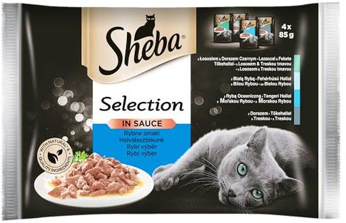 Sheba Selection in Sauce Fischgeschmack im Beutel – Nassfutter für ausgewachsene Katzen in Sauce mit Weißfisch, Lachs, Kabeljau und Thunfisch 5 x (4 x 85g)
