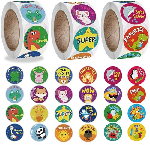 1500 Stück Belohnungsaufkleber für Kinder, Sticker Schule Lob, Selbstklebende Belohnungsaufkleber, Lehrer Sticker, Tier Belohnungsaufkleber, für Lehrer Eltern Belobigung Schüler