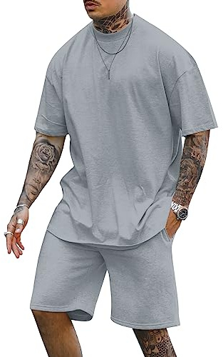 Cooleep Uomo T-Shirt e Pantaloncini Set Tuta Completa Estiva con Maglietta Manica Corta & Shorts Grigio L