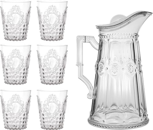 Baci Milano - Lot de 6 verres à eau + cruche Baroque & Rock Anniversary, Transparent, Acrylique, Éclectique, PITCHER