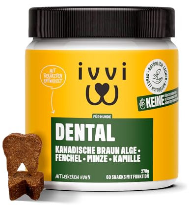 ivvi Dental - Zahnhygiene-Snacks für Hunde. Für gesunde Zähne und Zahnfleisch, hilft bei Zahnbelag und schlechtem Atem - 60 Snacks (270g) mit Huhn.