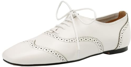 CUTEHEELS Cómodas bailarinas Oxford con cordones de piel de vaca para mujer con puntera cuadrada