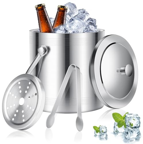 Auauraintt 2L Secchiello per Ghiaccio in Acciaio Inox, con coperchio, pinze, colino e manico, secchiello per ghiaccio isolato a doppia parete, per feste, birra, cocktail bar, vino fresco, champagne