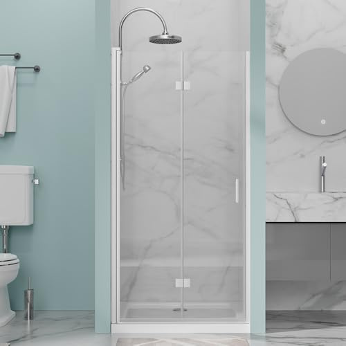 Bathenum 34 in.W x 72 in.H Bifold Frameless Glass Shower Door 1/4” Tempered Clear Glass Pivot Swing Shower Panel in Chrome Finish, Foldable