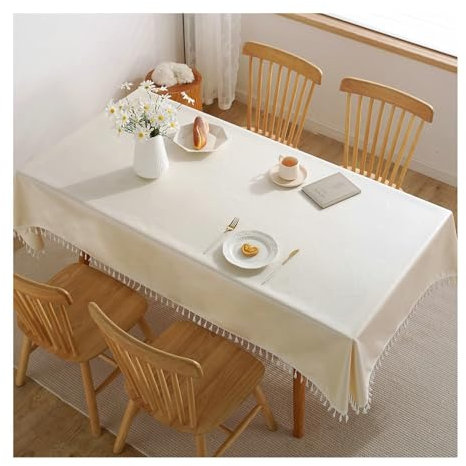 BCughia Tischdecke 135x135CM Beige, Tischdecke Abwaschbar Modern Rechteckig Polyester Einfarbig mit Quasten Tischdecke für Küche,Esszimmer,Tischdekoration