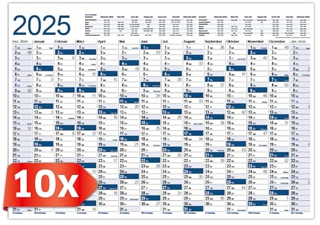 PRIMUS PRINT XXL Kalender 2025 – Plakatkalender 2025 – Wandkalender in Postergröße A1 (594x841 mm), Jahresplaner für 2025, Wandplaner in Blau oder Grün – Gerollt [ 10er Set-Blau ]