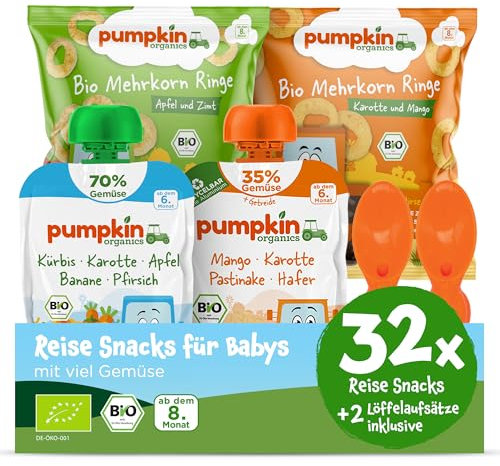 Pumpkin Organics Reise-Snacks für Babys ab dem 8. Monat - Bio Gemüse-Quetschies und Bio Knabbersnacks ideal für unterwegs, für das Handgepäck, im Flugzeug oder im Zug - Baby Snacks ohne Zusatzstoffe