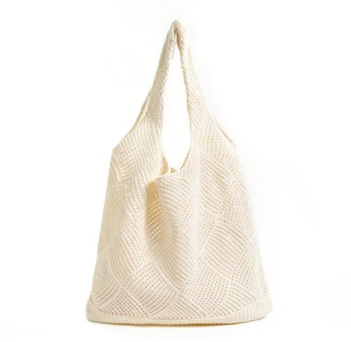 VOSSOT Strandtasche Damen Häkeltasche für den Sommer,Gehäkelte Mesh Strand Tote Bag,Umhängetasche Netz-Stricktasche,Damen Gestrickte Umhängetasche,Groß Gehäkelte Einkaufstasche,Strick Tragetasche