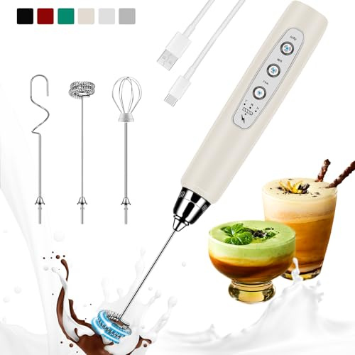 Colarlemo Mousseur à lait portable rechargeable, fouet électrique pour café, amovible avec 3 fouets en acier inoxydable, mélangeur manuel pour latte, cappuccino, matcha, œuf, sans support, beige