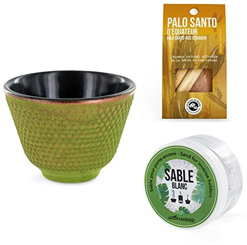Aromandise Porte-encens coupelle Vert et Doré + Sable Blanc + Bâtonnets Palo Santo