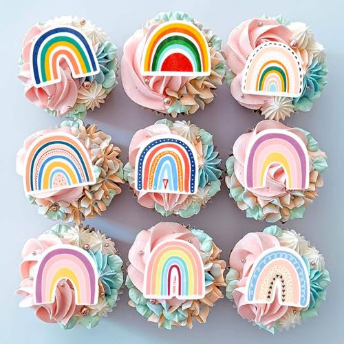 Blumomon 40PC Rainbow Happy Birthday Cupcake Toppers & Edible Cake Decorations for Parties