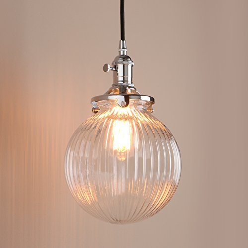 Lámpara colgante moderna industrial vintage con pantalla de vidrio transparente acanalado para isla de cocina y bar, lámpara de araña en acabado cromado