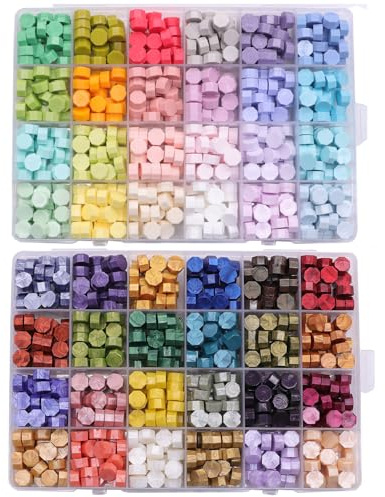 Rarapop Lot de 1200 perles de cire à cacheter - 48 couleurs kit timbre de sceau en cire - Idéal pour lettres, invitations mariage, cartes de voeux, emballages cadeaux et créations DIY(BD)