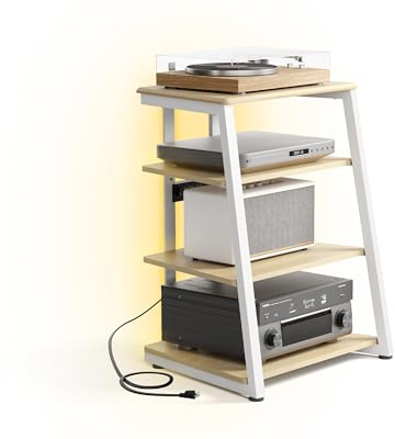 FITUEYES Design Mueble Tocadiscos con Base de Madera, Mueble Equipo HiFi con lámparas LED y enchufes, Mueble vinilos con Estante Ajustable, 66 x 65 x 81 cm, Carga MAX. 50kg