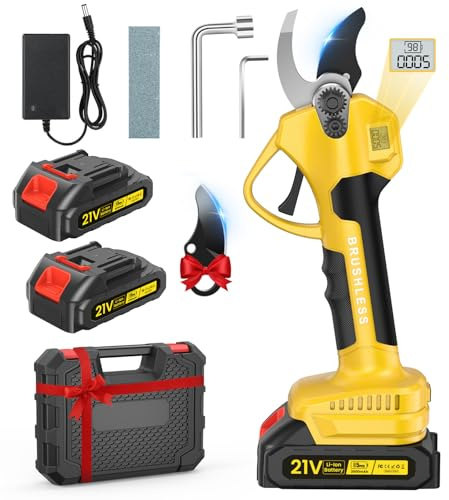 Akku Astschere, Kabellose Elektrische Gartenschere 35mm mit LCD-Display&SK7 Klingen,1000W Bürstenloser Motor, Akku Gartenschere mit 2000 mAh * 2 Wiederaufladbaren Batterien für Gartenbaumscherenzweige