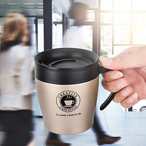 SustVita Tazza termica in acciaio inossidabile, tazza da caffè isolata a 330 ml con cucchiaio e coperchio a prova di perdite per il viaggio per ufficio a casa (D'oro)