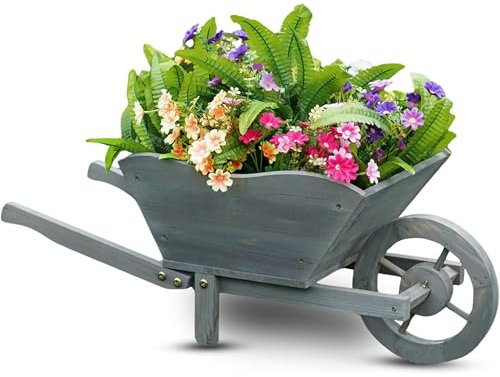rightclick Wooden Wheelbarrow Planter, Large Rustic Garden Planter for Plants, Patio, Garden Ornaments Outdoor Plant Pots, Flower & Vegetable Planters Outdoor (W69 x H28 x D32cm)
