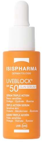 Isispharma Uveblock Sun Serum SPF50 - Hydrate 8h, Protège et Illumine - Effet Glow - Haute Protection Solaire - Texture Fluide et Non Grasse - Conçu et Fabriqué en France