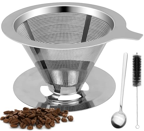 Pour Over Coffee Filter, Reusable Stainless Steel Cone Coffee Dripper | Fine-Mesh Design with Handle for Manual Production, Home, Office and Camping, Easy to Clean&Portable