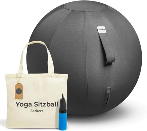 Backerz Sitzball Büro Ergonomisch 55 cm, Ergonomische Sitzmöbel für Büro und Heimbüro, Langlebiger Stoff, Gymnastikball - Fitness-Ball, Ballstuhl mit Ballauflage - Waschbarer Leinenbezug - Schwarz