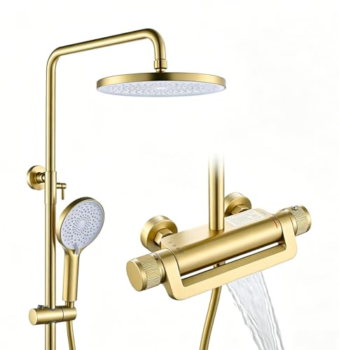 Duscharmatur Komplettset, Thermostat Duschsystem Gold, Duschset Messing | Messing Duscharmatur mit Thermostat, Regendusche mit Armatur, Wasserfall-Wanneneinlauf, Duschgarnitur mit Regendusche
