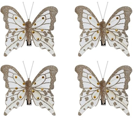 Kaemingk Schmetterling mit Clip 8cm - Deko Schmetterlinge auf Klammer - 4er Set - zum Dekorieren & Basteln - Christbaumschmuck Hochzeitsdeko Frühlingsdeko - Dekoklammern Gold Weiß