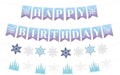 Schneeflocke Happy Birthday Banner Set, Vorgefädelte Winter Geburtstag Dekorationen Glitzer Schneeflocke Girlande Schloss Deko für Prinzessin Eisiges Wunderland Weihnachten Thema Party Zubehör