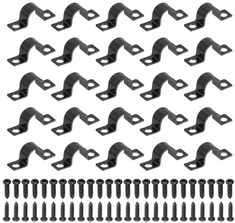 sourcing map 50Pcs 12mm(1/2) Two Hole Pipe Strap, Rigid U Brackets Conduit Clamp Heavy Duty Carbon Steel Pipe Strap Clip with Self-Tapping Screws for Fixing Tube Cable Wire Cord, Black