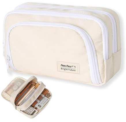 Aiailikill Pencil Cases, Double-Layer Corduroy Pencil Case with 3 Compartments,Large Capacity Oxford Pencil Case with Compartments, Beige School Stationery Organizer for Students
