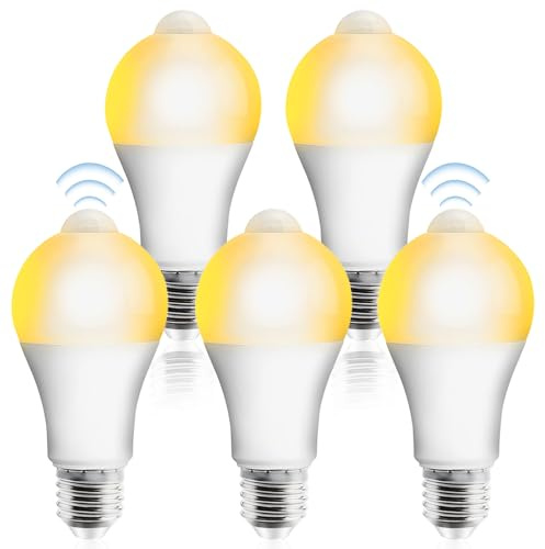 5 Stück E27 LED Glühbirne mit PIR-Bewegungsmelder, 12W Warmweiß 2700K, 1100 Lumen Sensorlampe, 120° Abstrahlwinkel, 80Ra, Lichtsensor Nicht dimmbar, Energiesparlampe für Balkon Flur Treppen Garage