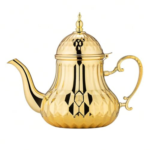 Théière marocaine traditionnelle de style marocain en acier inoxydable - 1,4 l - Style religieux - Doré