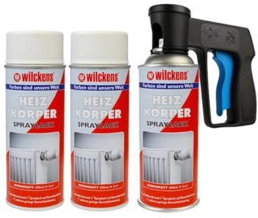 ARLI Set: 3x Heizkörperlack Spray weiß seidenmatt 400ml RAL 9010 + 1x Sprühpistole Pistolengriff für Spraydosen Set für Heizkörper Wasserleitungen Radiatoren Warmwasserrohre