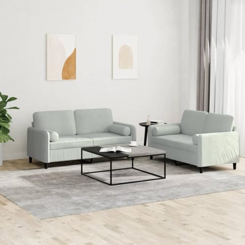 QUAHEAS 2-TLG. Sofagarnitur Hellgrau aus weichem Samt, robuste Couch für Wohnzimmer, modernes Möbel-Set, bequemes Sofa mit Rollkissen, stabile Polstergarnitur