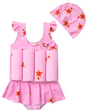 Floatsuit Kids Girls Swimming Costume One Piece with Skirt Ruffle Swimsuit with Floating Learning Swimwear Toddler with Swim Cap Cute Print Summer Training Bathing Suit Ages 3-7 Years (6-7 Years)