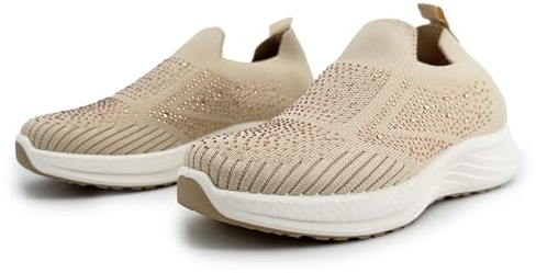 JOMIX Zapatillas para Caminar Mujer Cómodas Slip On Sin Cordones de Tejido Transpirable Suela Plataforma Ligera Antideslizante Strass Plantilla Extraíble para Diario y Viaje Beige 39