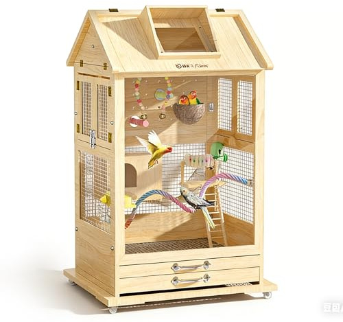 Extra Large Parrot Wooden Cage, Solid Pine Bird Villa, 360°Wheels, Anti-Escape Lock, Transparent View, 26.77x22.05x40.16in(68x56x102cm), 5 Packages, for Cockatiel Monk Parakeet (Deal 1)