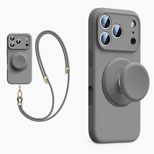 XZC Funda de silicona líquida para iPhone 17 Pro Max, con soporte emergente, cordón cruzado, compatible con MagSafe, protección completa de la cámara, (gris, iPhone 17 Pro Max)