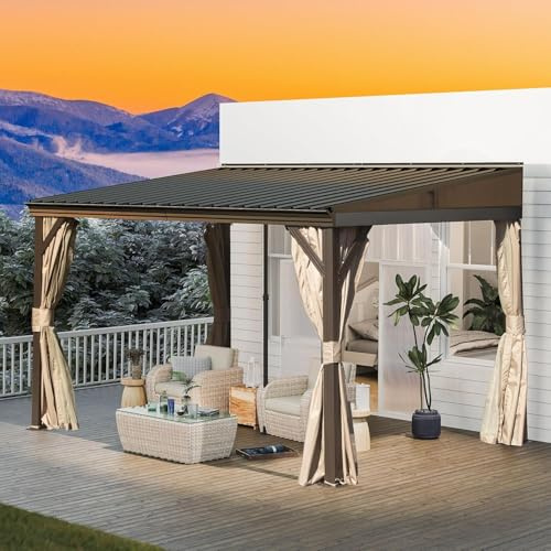 Domi 2,42 × 3,66 m Anbaupavillon, wandmontierter Pavillon mit festem Dach, verzinktes Stahldach mit Regenrinnen, inkl. Vorhänge und Moskitonetze, Metall-Überdachung für Terrasse & Garten