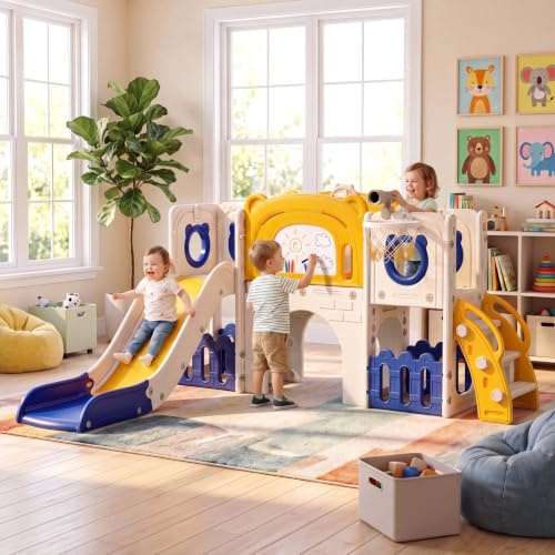 MAMIZO Parco Giochi Modulare 10 in 1 - Scivolo per Bambini da Esterno ed Interno con Canestro da Basket, Telescopio,Tunnel, Tavolo da Disegno,Spazzola e Vano Deposito (Giallo Verde), 4PCS Moduls