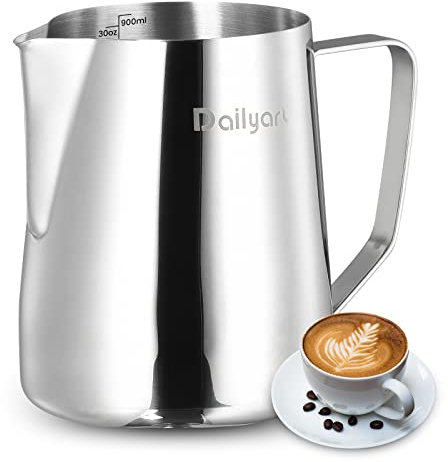 Dailyart Milk Frother Jug 900ml/30fl.Oz. 304 Stainless Steel Metal Milk Jug for Coffee Machine - Coffee Accessories Barista Milk Steamer Jug for Latte Cappuccino