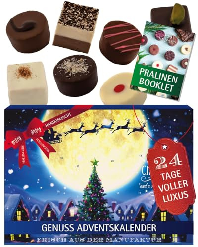 Hallingers Genuss Manufaktur Pralinen Adventskalender - ohne Alkohol, handmade aus Confiserie-Edelkakao in wertigem Softfeel-Karton Magische Reise, Weihnachtskalender für Frauen Männer