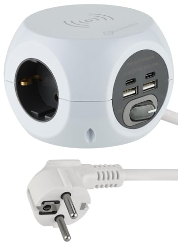 Electraline 62079 Mini Cube Steckdosenleiste mit schnellem drahtlosem Ladegerät, Fast Wirelss Charger, mit 3 USB-Anschlüssen 2,4 A, mit 3 Steckdosen mit Schalter, 1,5 m Kabel, weiß, Weib