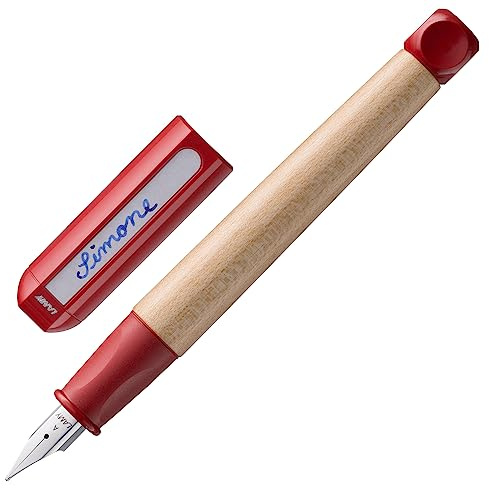Lamy abc red Füller - kindergerechter Schreiblernfüller mit ergonomischem Griff & polierter Stahlfeder in Strichbreite F - robustes Ahorngehäuse - inkl. Tintenpatrone T 10 blau - Rechtshänder